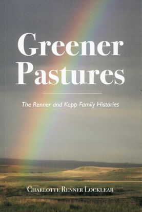Cover of Greener Pastures, shows a field of rolling hills and a rainbow